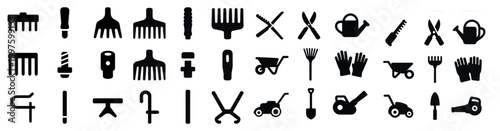 Gardening tools silhouette icons set – solid, filled, landscaping and horticulture symbols