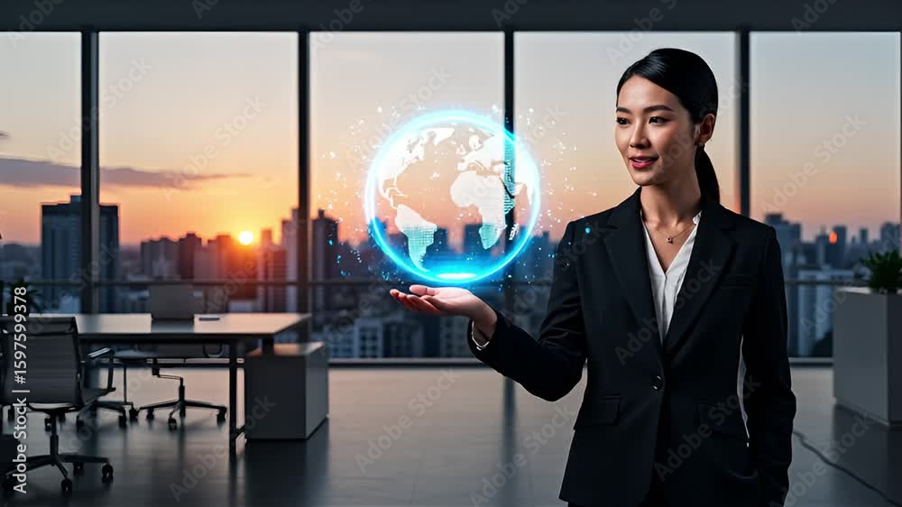 Asian Businesswoman Holding Holographic Globe in Modern Office at Sunset. Asian Businesswoman Holding Holographic Globe in Modern Office at Sunset.