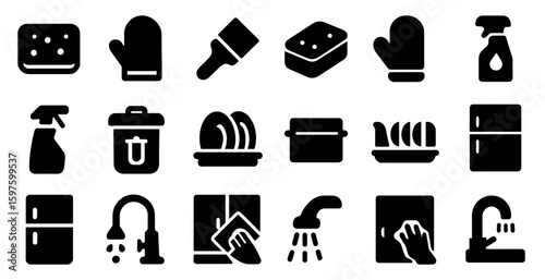 Kitchen cleaning solid icons set – filled, household, sanitation graphics