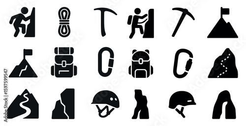 Climbing and hiking solid icons set - silhouette, filled, adventure gear symbols
