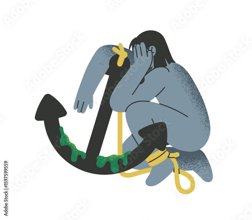 Concept of depression. Sad person suffers from mental disorder. Unhappy woman with burden, despair, stress. Problems with psychological health. Flat isolated vector illustration on white background