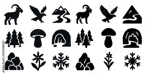 Nature and wildlife solid icons set – silhouette, filled, forest and adventure symbols