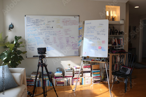 Online Teacher or Coach Livestream Setup with Whiteboard, Books, and Soft Lighting