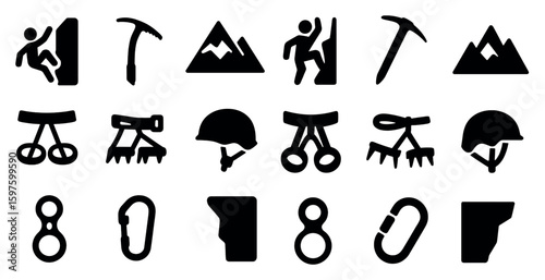Climbing and mountaineering icons set – solid, filled, hiking and adventure elements