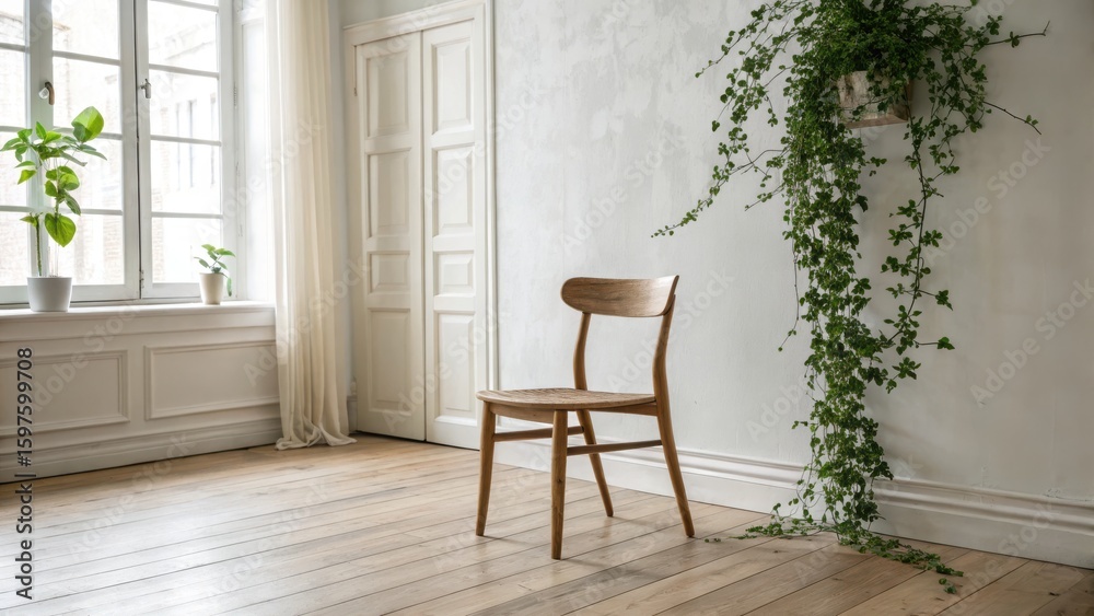 Fototapeta premium Empty wooden chair in a bright room with a cascading plant by the window