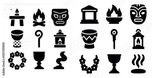 Cultural rituals solid icons set – filled, silhouette, tradition and ceremonial symbols