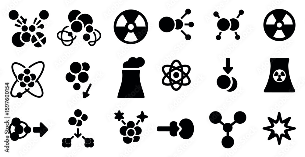 Fototapeta premium Science and chemistry silhouette icons set – solid, atom, molecular structure symbols