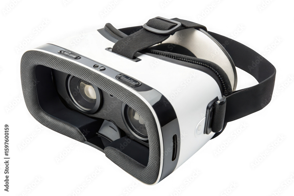 Fototapeta premium White virtual reality headset with black straps isolated on transparent background