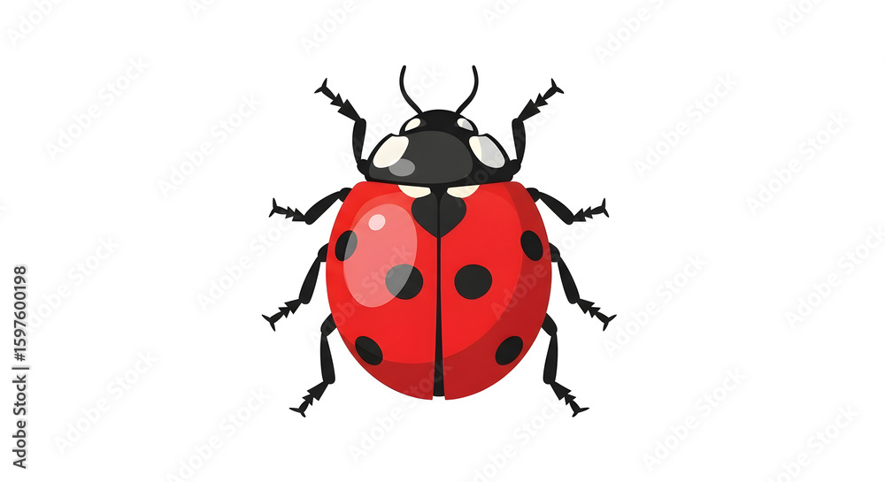 Fototapeta premium Ladybug Insect Isolated on White Background, Red Wings Black Spots, Close Up View