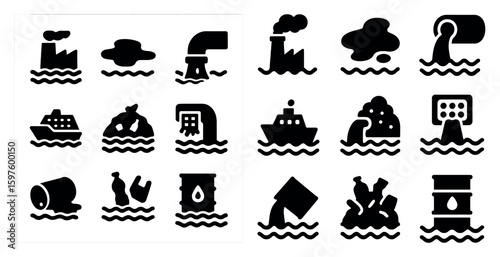 Pollution and waste icons set – solid, filled, environmental and contamination symbols