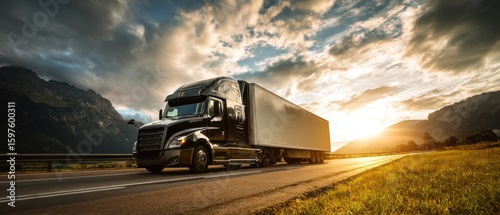 The black truck driving along the highway during a stunning sunset.