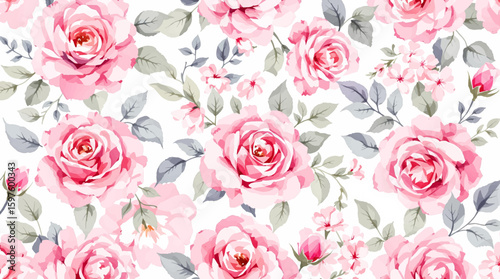 Floral pattern of red flowers and leaves on a white background, seamless pattern with flowers