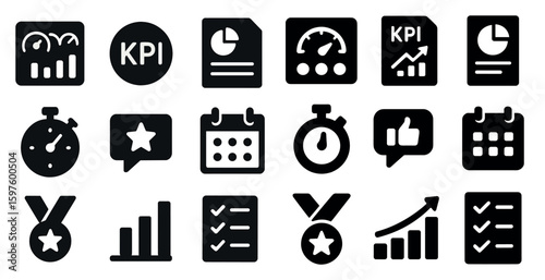 Performance tracking solid icons set – analytics, metrics, business symbols