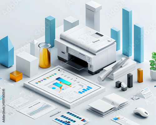 Business Infographic with Bar Chart and Printer in Modern Office Setup