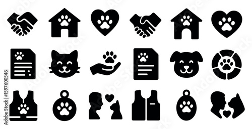 Animal care silhouette icons set – pet, rescue, adoption symbols