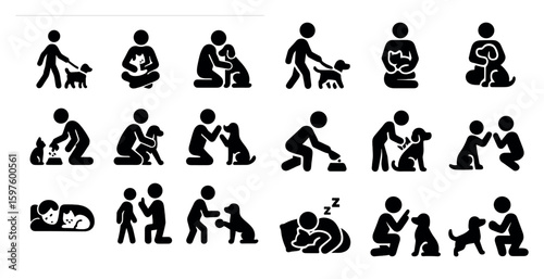 Pet care silhouette icons set – solid, filled, animal welfare symbols
