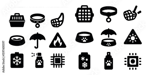 Pet care solid icons set – filled, silhouette, animal and grooming symbols