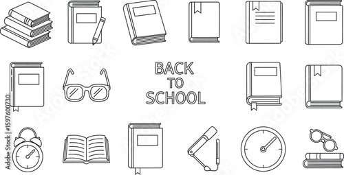 Vector art of a collection of back to school line icons featuring books, glasses, a clock, and a protractor