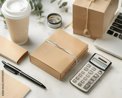 Parcel and Cup of Coffee on Table – Cozy Morning Delivery Concept
