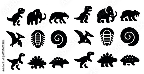 Dinosaur and prehistoric silhouette icons set – solid, ancient, fossil symbols