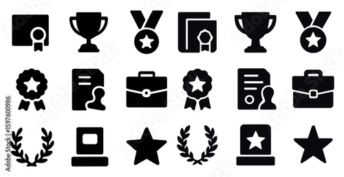 Award and recognition silhouette icons set – badges, trophies, achievement symbols