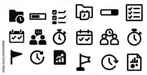 Productivity and time management icons set – solid, filled, task symbols