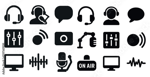 Broadcasting and podcasting solid icons set – communication, audio, media symbols