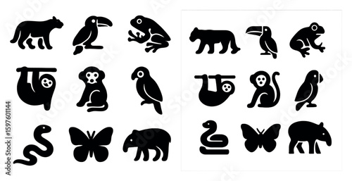 Jungle animal silhouette icons set – wildlife, outline, nature and fauna symbols