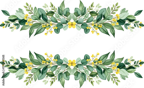 Elegant symmetrical watercolor floral border with lush green leaves and delicate yellow wildflowers on white background