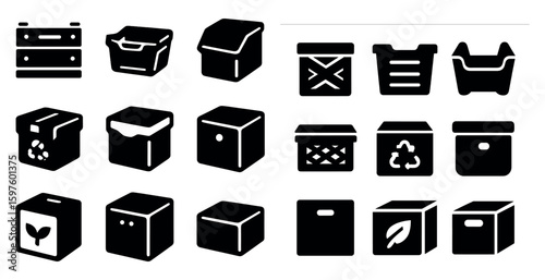 Recycling and storage icons set – solid, filled, eco-friendly, organization symbols