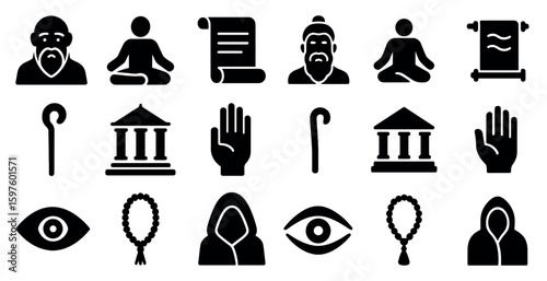 Meditation and mindfulness solid icons set – yoga, spiritual symbols, relaxing visuals