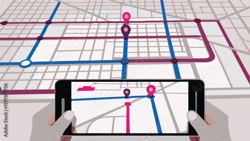 Hands holding smartphone displaying augmented reality map with route and location markers shown
