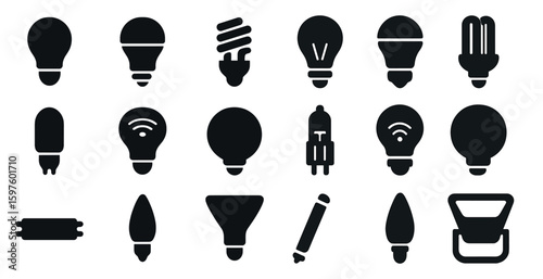 Light bulb icons set – silhouette, solid, energy and electrical symbols