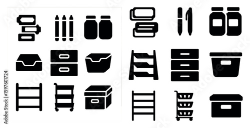 Storage and organization solid icons set – filled, flat, shelving and container symbols