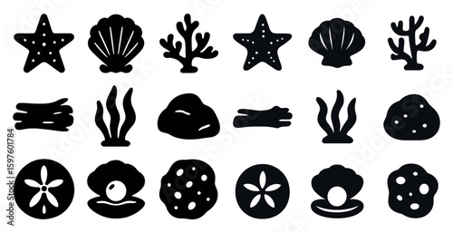 Marine life silhouette icons set – sea creatures, aquatic, ocean-themed symbols