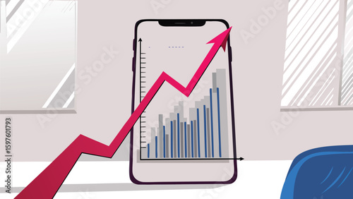 Smartphone screen displays a rising bar graph with a bold red upward trending arrow overlaying it all