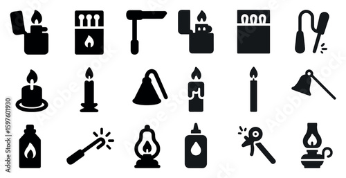 Fire and flame icons set – solid, filled, lighting and safety symbols