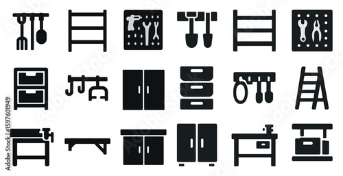 Home organization solid icons set – storage, filled, garage tools