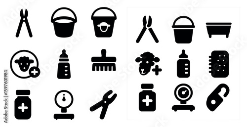 Animal care solid icons set – filled, silhouette, veterinary symbols