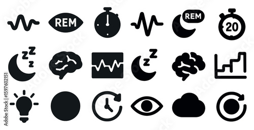 Sleep and dreaming glyph icons set – silhouette, solid, nocturnal and rest symbols