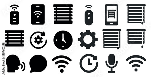 Smart home control solid icons set – automation, technology, gadget symbols