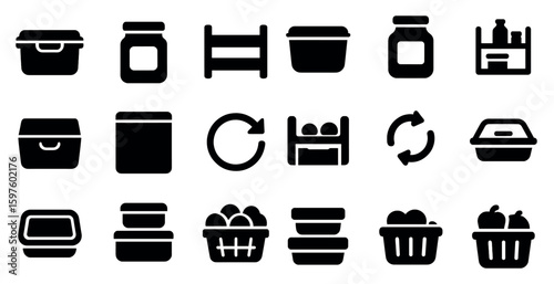Food storage solid icons set – kitchen, container, pantry organization symbols