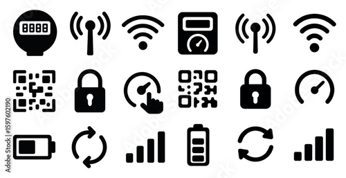 Technology and security silhouette icons set - solid, filled, cybersecurity symbols