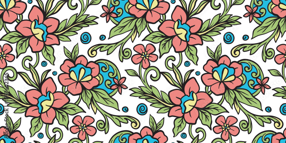 Fototapeta premium Seamless floral hand drawn detailed pattern, bouquet of flowers, red lines and white background