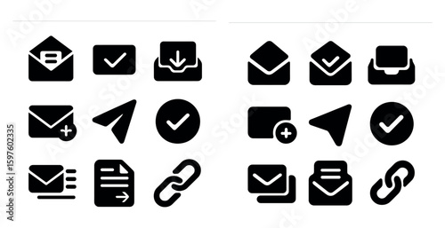 Email and communication solid icons set – silhouette, messaging, mail symbols