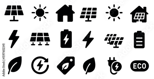 Renewable energy icons set – solid, eco, sustainability symbols for green design