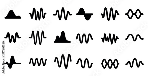 Audio and sound wave icons set – silhouette, filled, music and frequency symbols