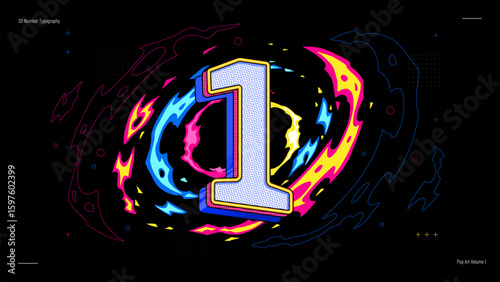 3D Number One Typography in Neon Pop Art Style - Bold, Colorful Vector Design for Posters, Education, Events and Digital Graphics