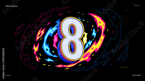 3D Number Eight Typography in Neon Pop Art Style - Bold, Colourful Vector Design for Posters, Education, Events and Digital Graphics
