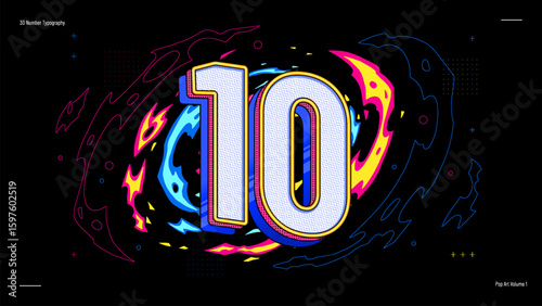 3D Number Ten Typography in Neon Pop Art Style - Bold, Colourful Vector Design for Posters, Education, Events and Digital Graphics